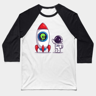 Cute Astronaut With Alien In Rocket Cartoon Baseball T-Shirt